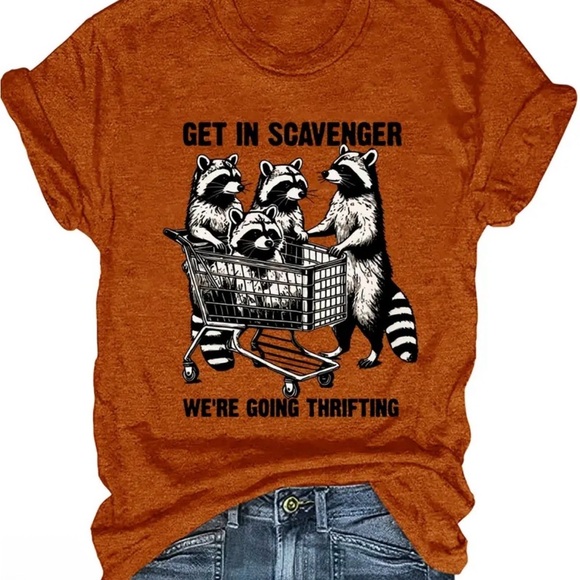Tops - Get in Scavenger We’re Going Thrifting Orange Graphic Tee with Raccoon Design L